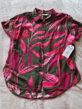 Tropical Print Olive Green & Fuchsia Button-Front Short Sleeve Top Size Small